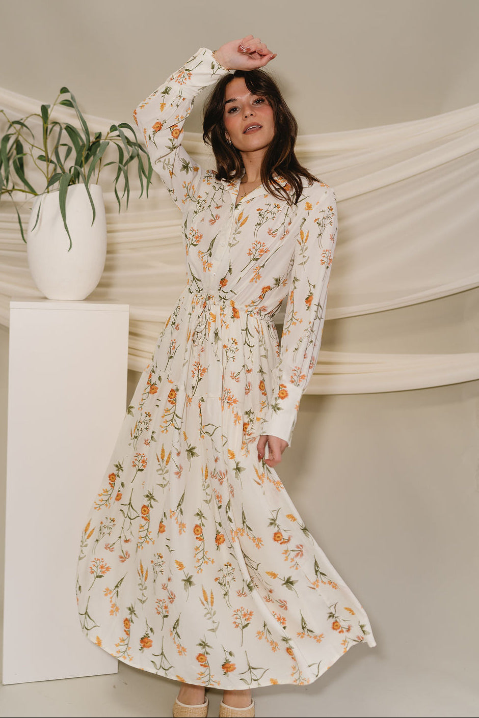 Ophelia Off White & Yellow Floral Midi Dress - full front view