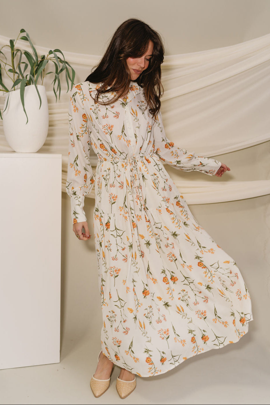 Ophelia Off White & Yellow Floral Midi Dress - full body front view