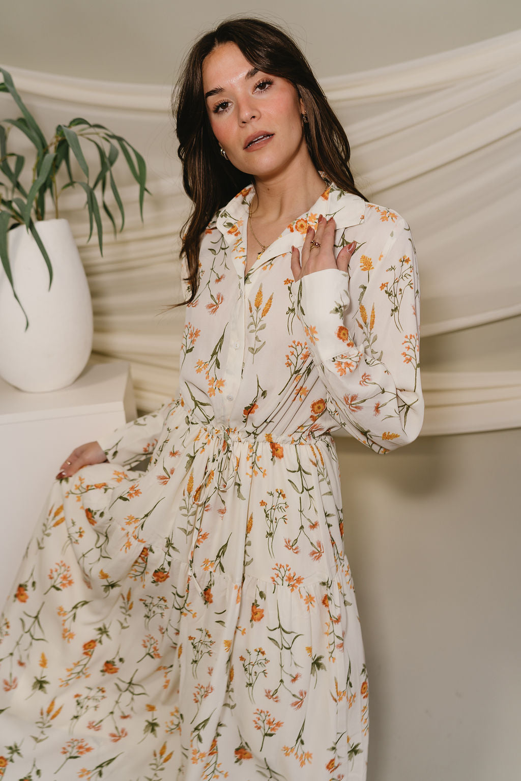 Ophelia Off White & Yellow Floral Midi Dress - upper body front view