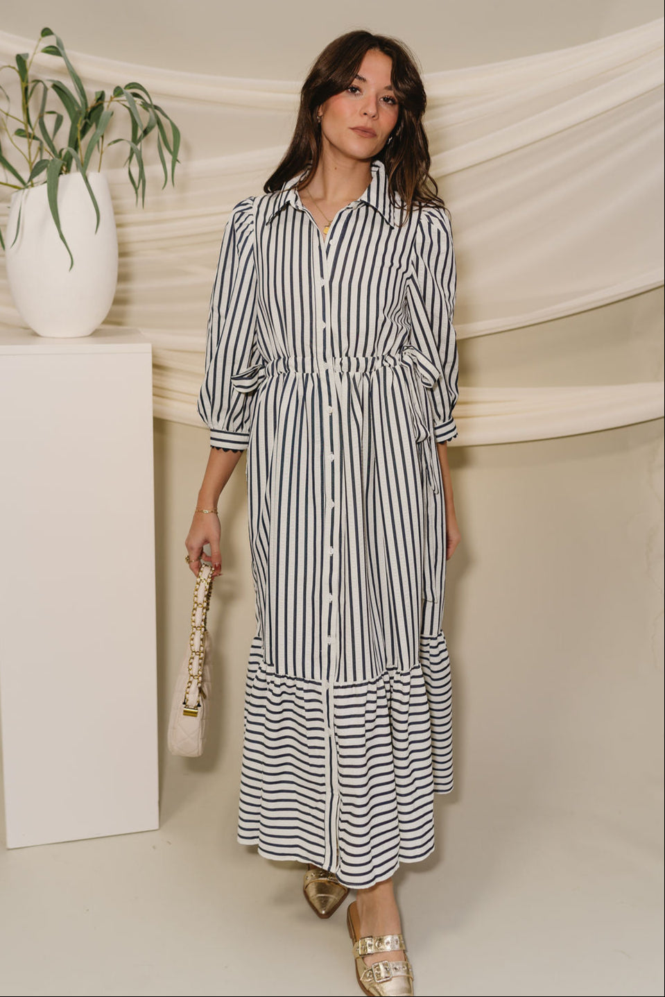 Alaina Navy & Cream Stripe Midi Dress - full body front view