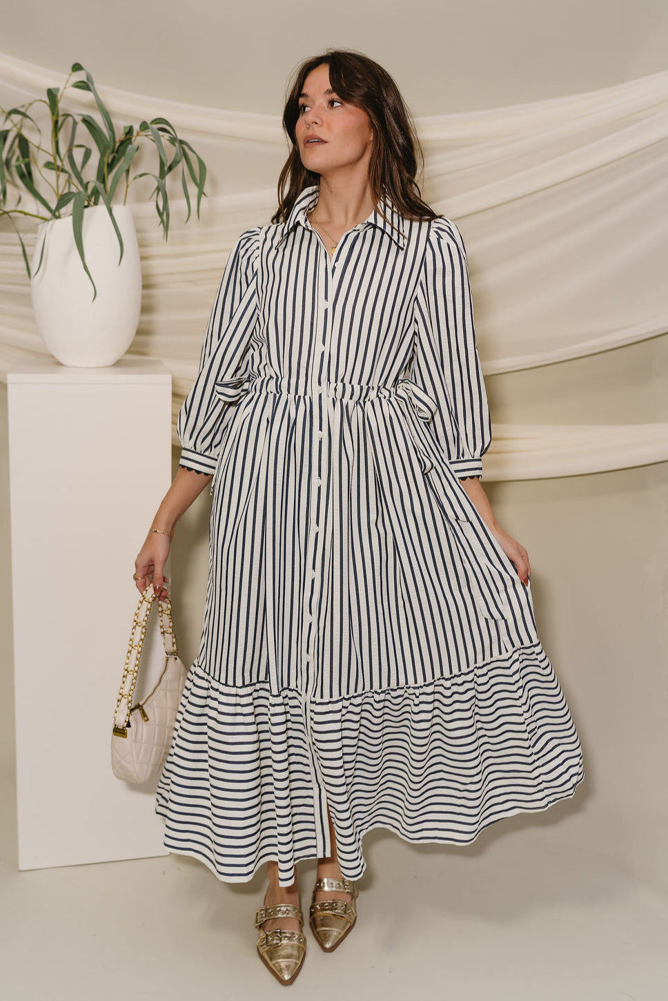 Alaina Navy & Cream Stripe Midi Dress - full front view