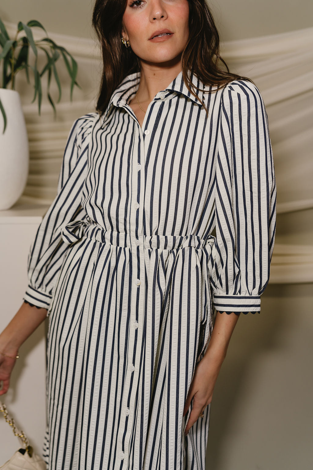 Alaina Navy & Cream Stripe Midi Dress - upper body front view