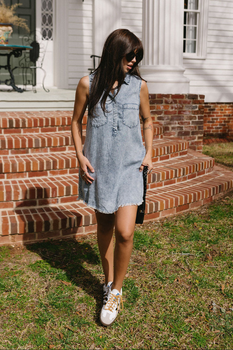 Sadie Washed Denim Sleeveless Mini Dress - full front view