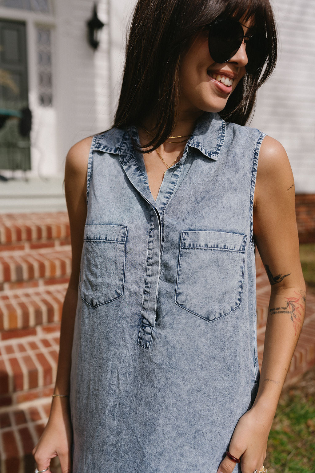 Sadie Washed Denim Sleeveless Mini Dress - close front view