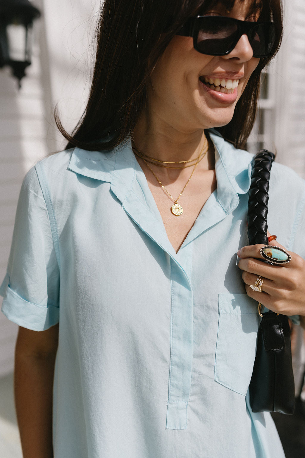 Sabrina Aqua Short Sleeve Mini Dress - close up front view