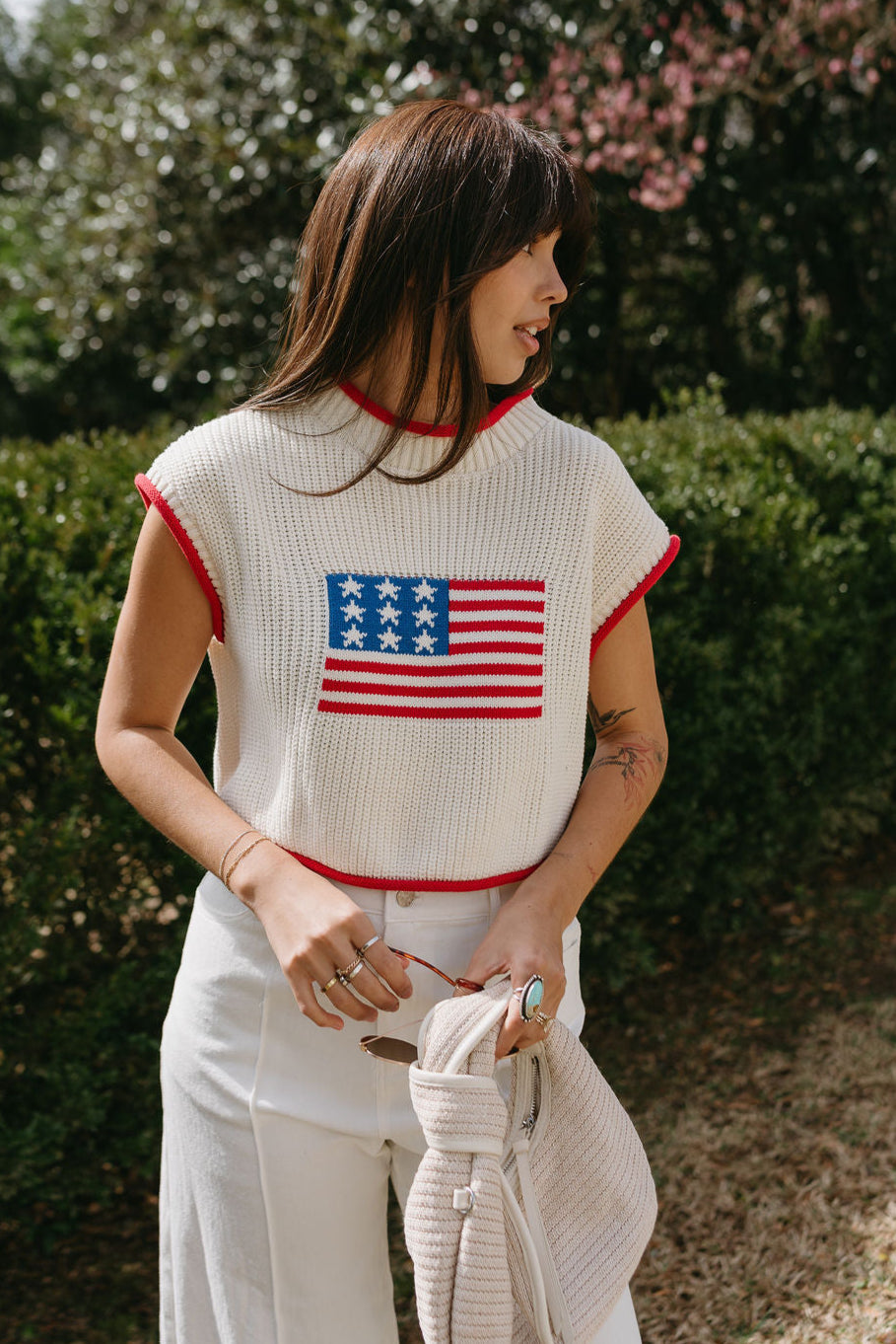 Callista Cream American Flag Knit Tank- front top view