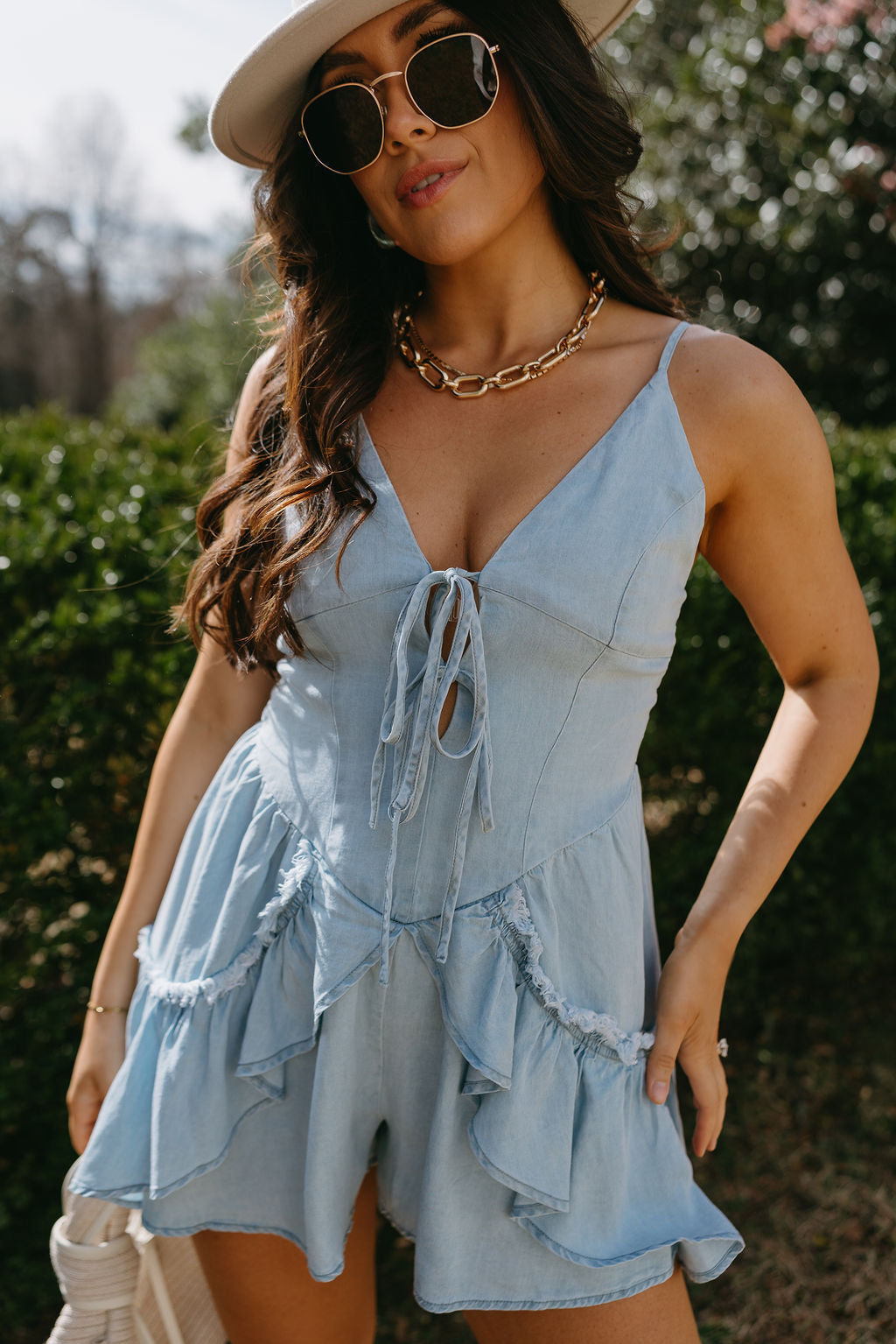 Audrey Chambray Ruffle Sleeveless Romper- close up top view