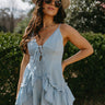 Audrey Chambray Ruffle Sleeveless Romper- frontal top view