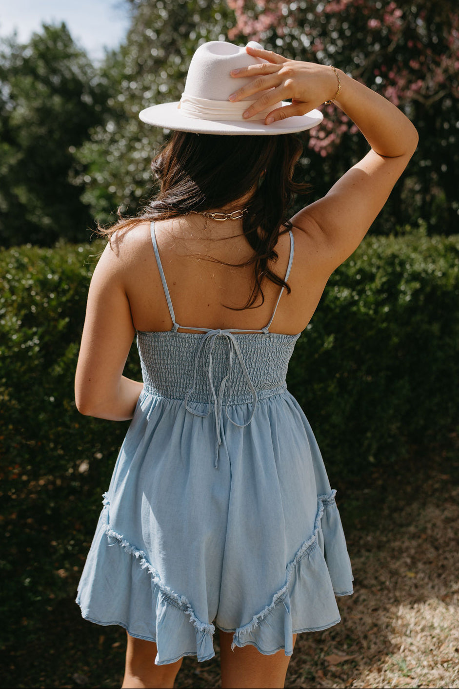 Audrey Chambray Ruffle Sleeveless Romper- back view