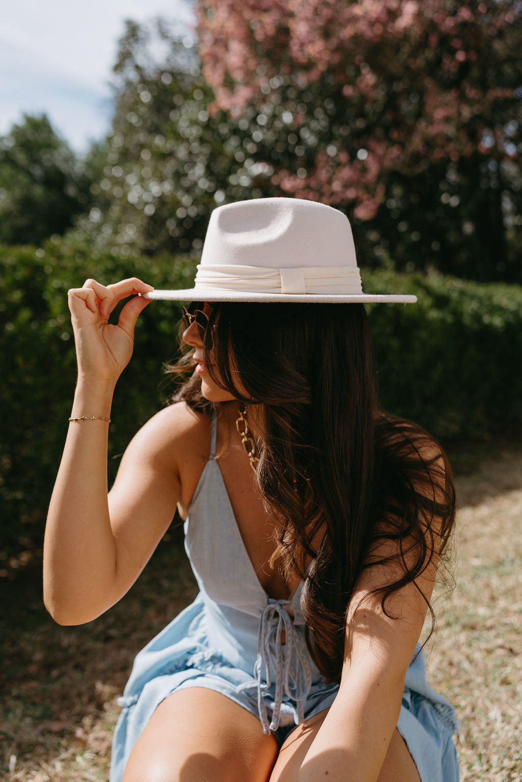 Joanie Beige Brimmed Hat - close side view on model