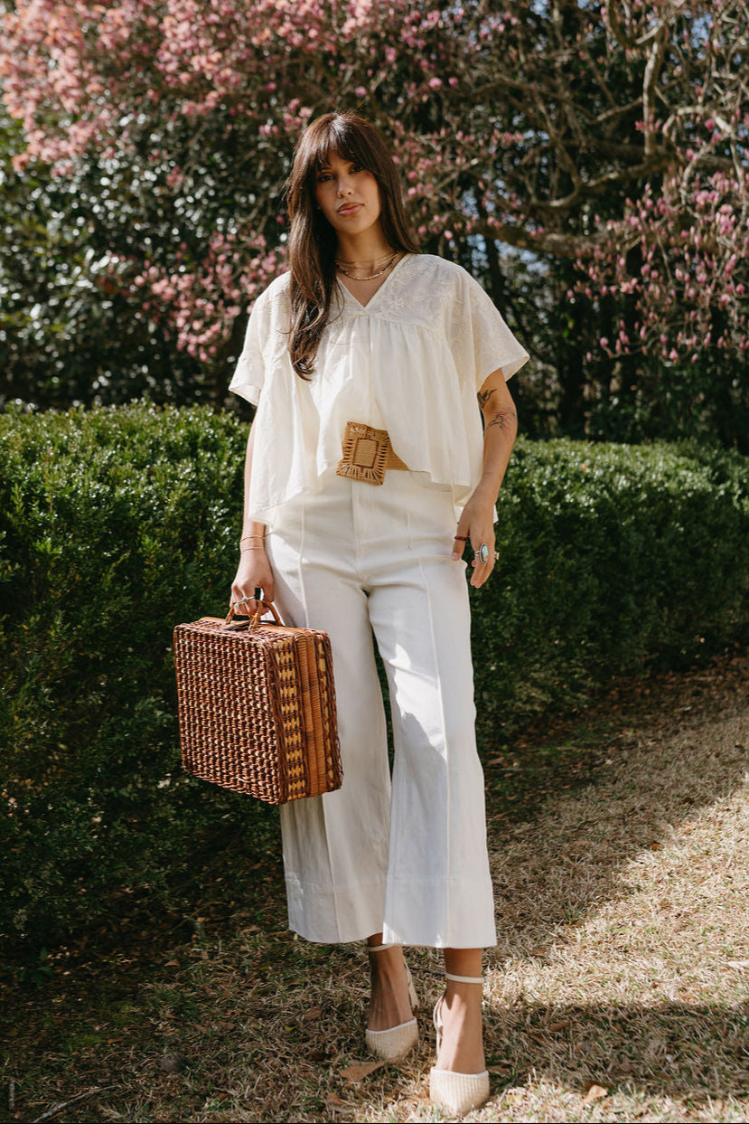 Bonnie Cream Embroidered Floral Top - full body front view (tucked with belt)