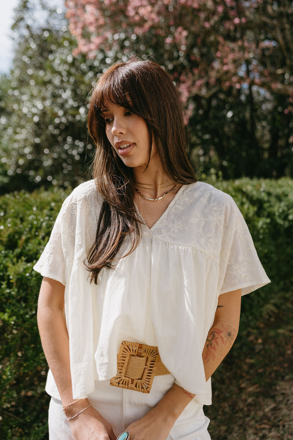 Bonnie Cream Embroidered Floral Top - front view (tucked with belt)