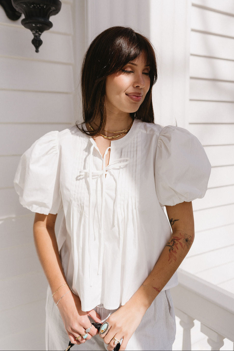 Hadley White Tie-Front Puff Sleeve Top - front view