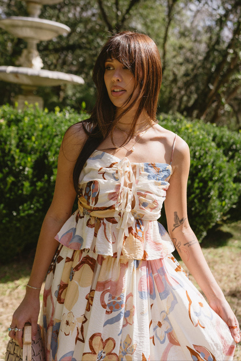 Stella Beige Multi Floral Ruched Tank- front view