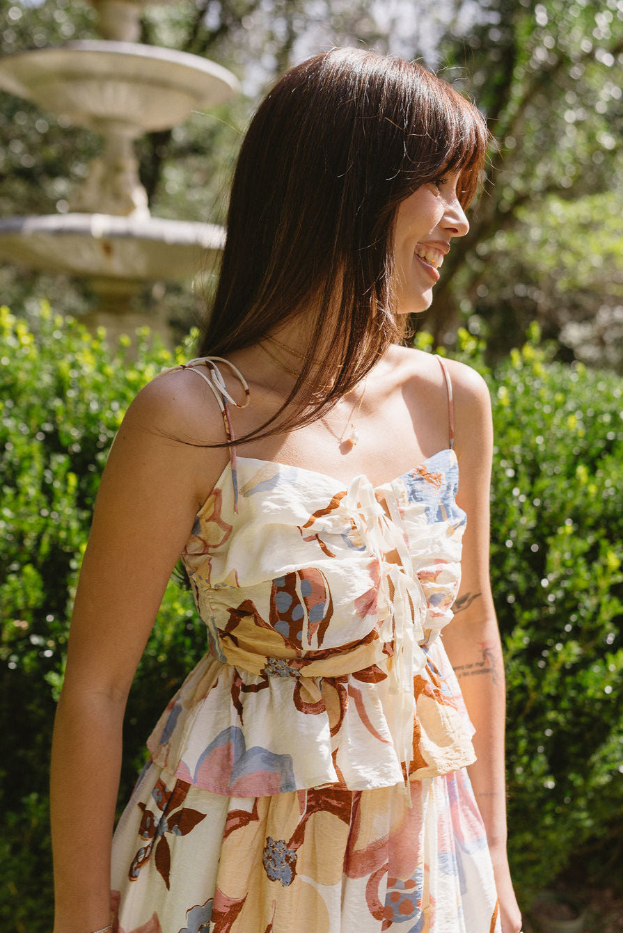 Stella Beige Multi Floral Ruched Tank- frontal side view