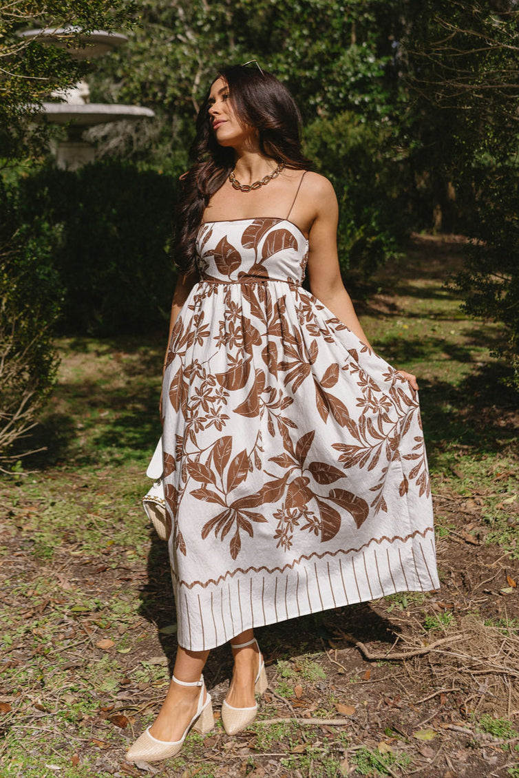 Zariah Brown & Cream Floral Midi Dress- frontal full body view