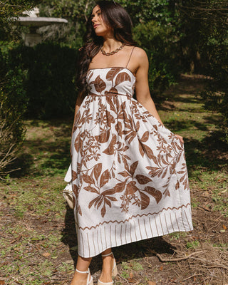 Zariah Brown & Cream Floral Midi Dress- frontal full body view