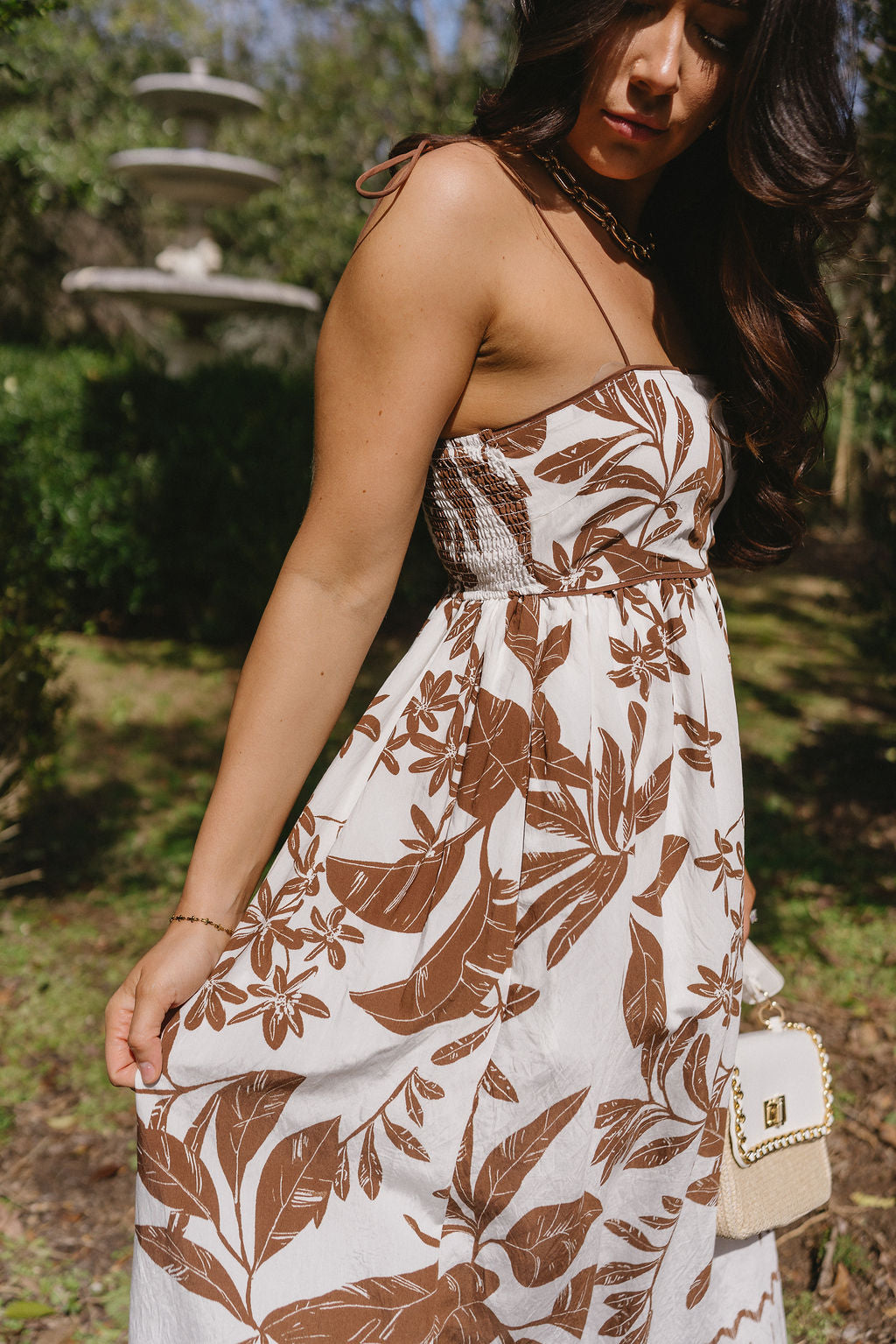 Zariah Brown & Cream Floral Midi Dress- close up side view