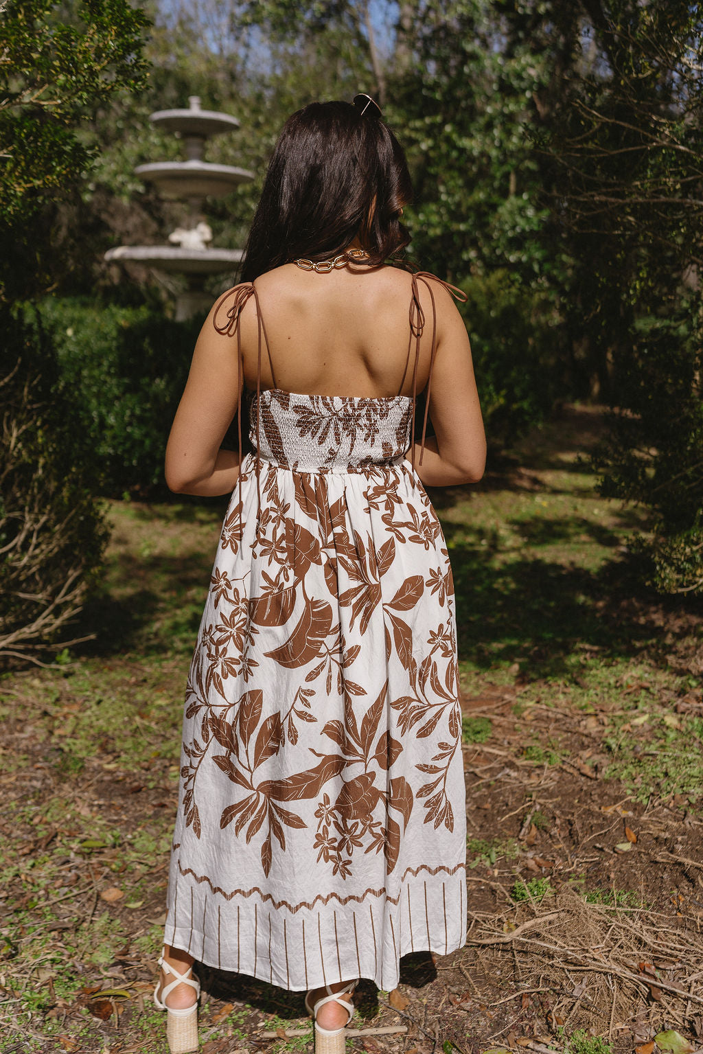 Zariah Brown & Cream Floral Midi Dress- full body back view