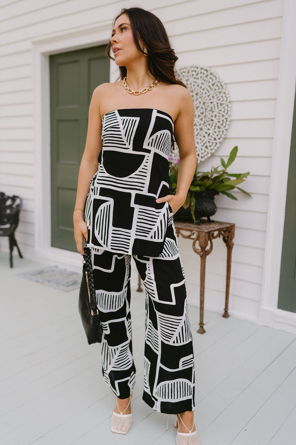 Lila Black & White Wide Leg Pants- front view