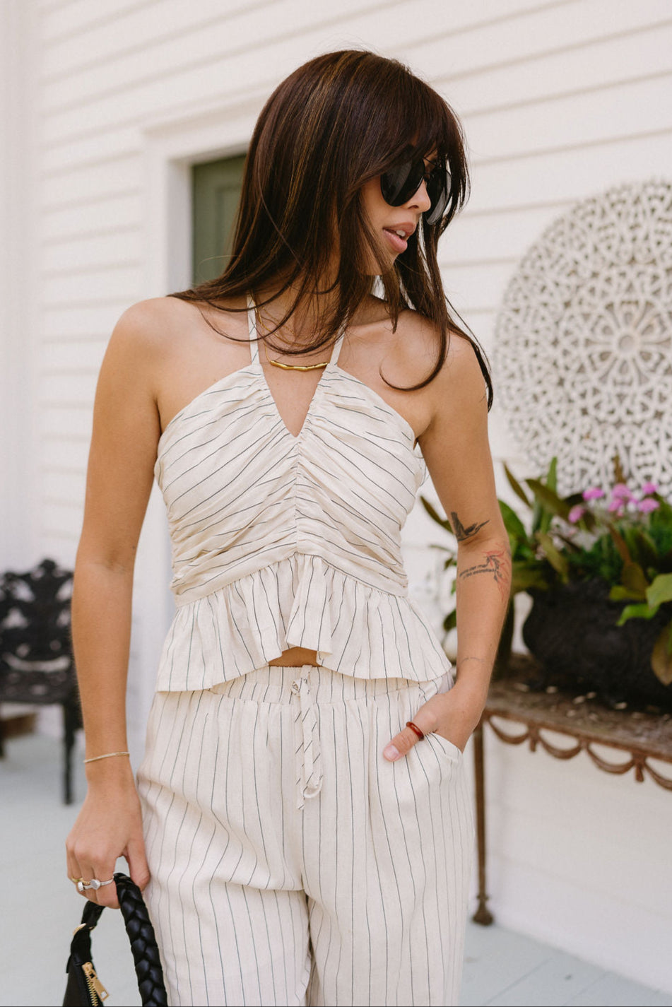 Eliana Oatmeal & Black Stripe Peplum Tank- top view