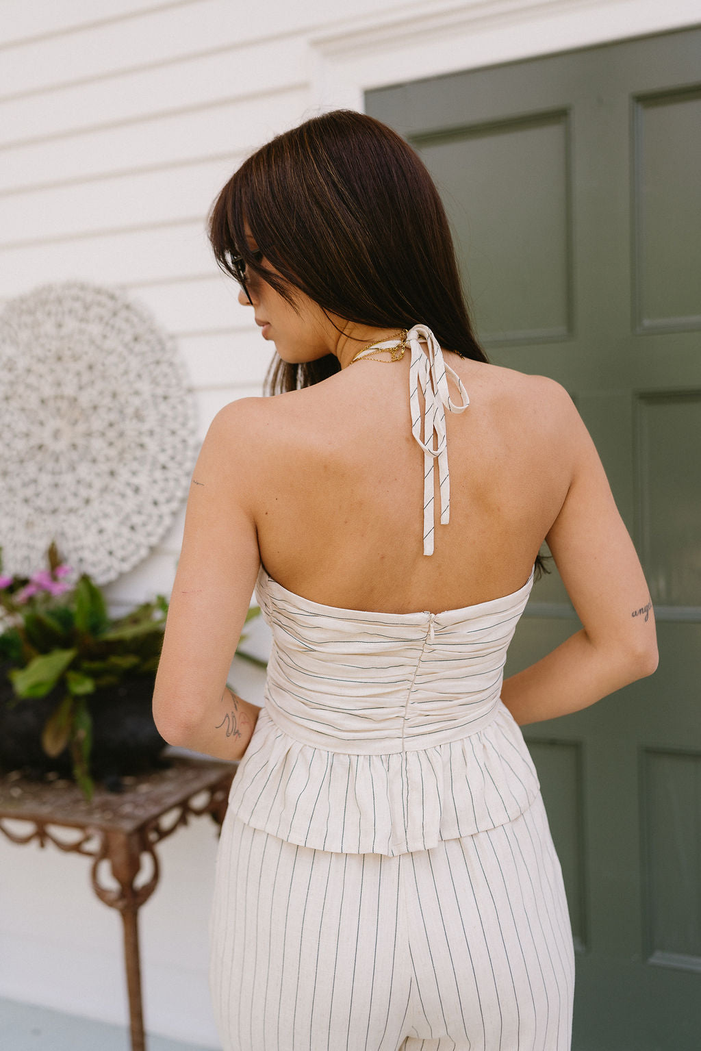 Eliana Oatmeal & Black Stripe Peplum Tank- back view