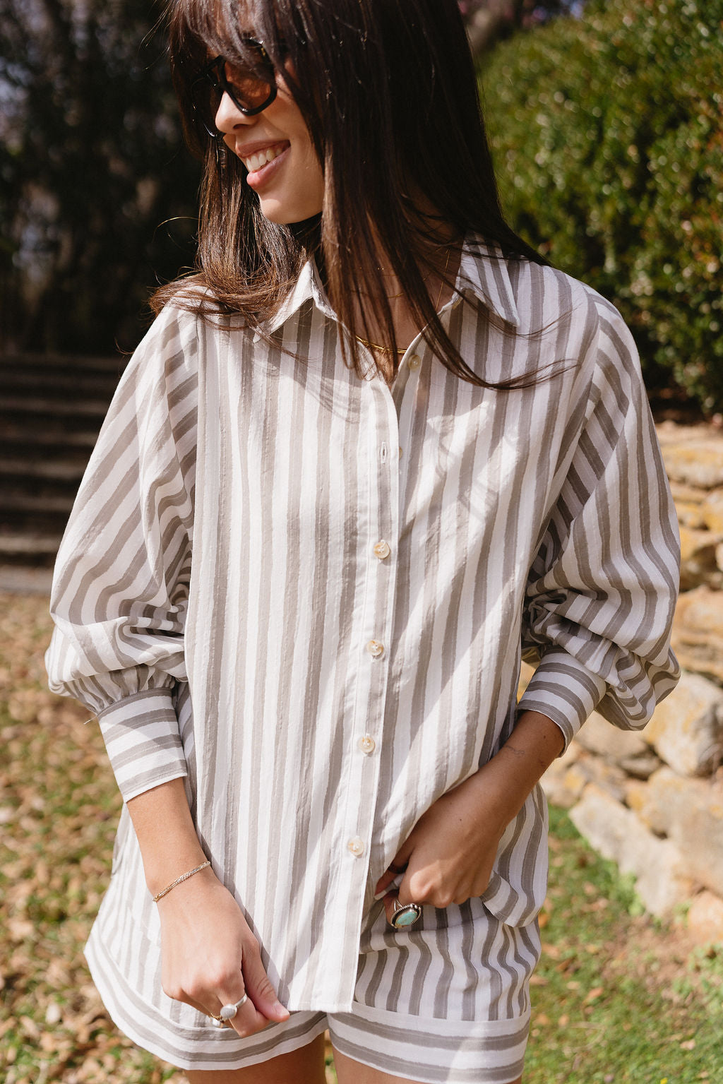 Lila White & Stone Grey Stripe Top- close up top view