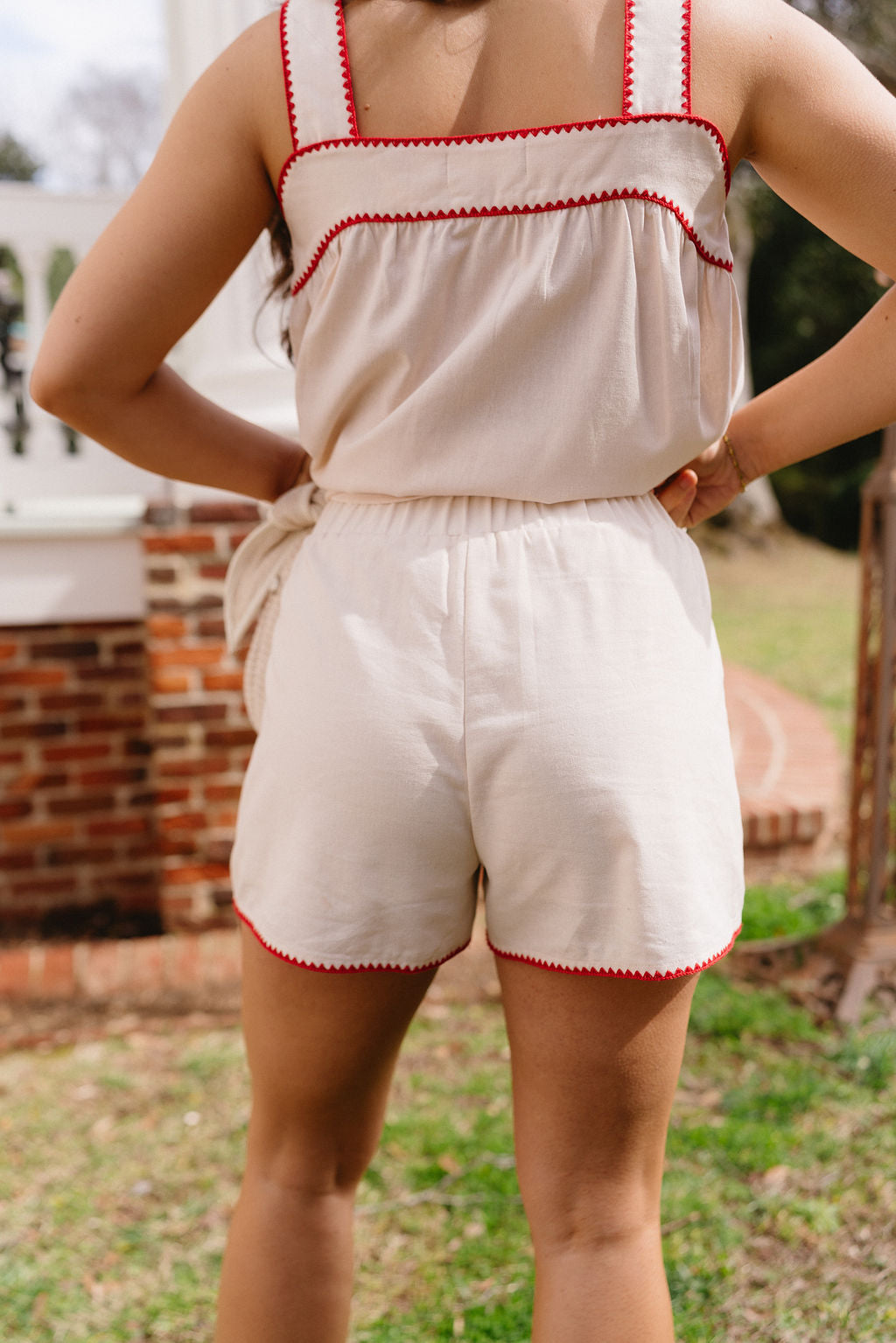 Selene Cream & Red Scallop Shorts- close up back view