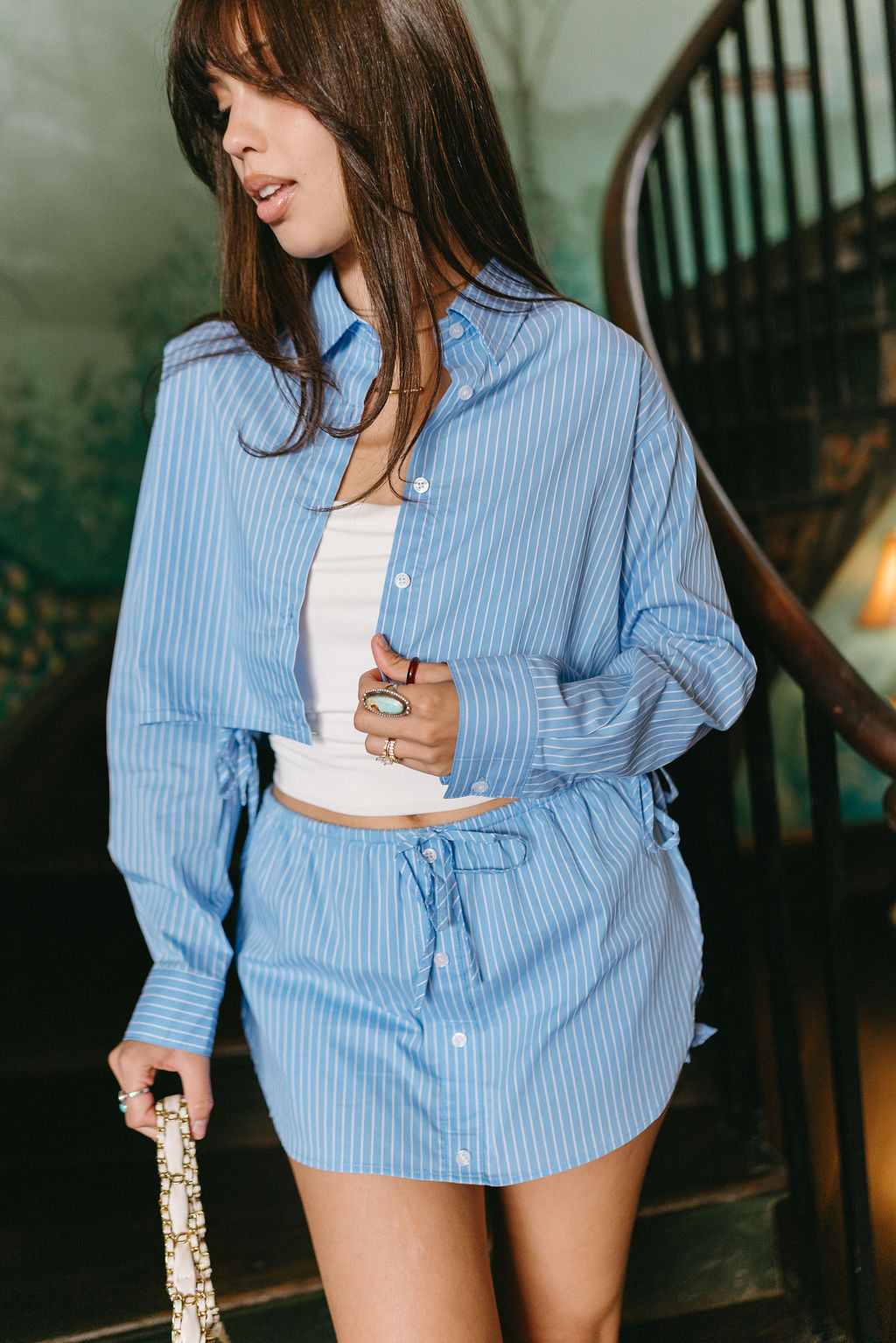 Ava Blue Stripe Buttoned Skort- front view