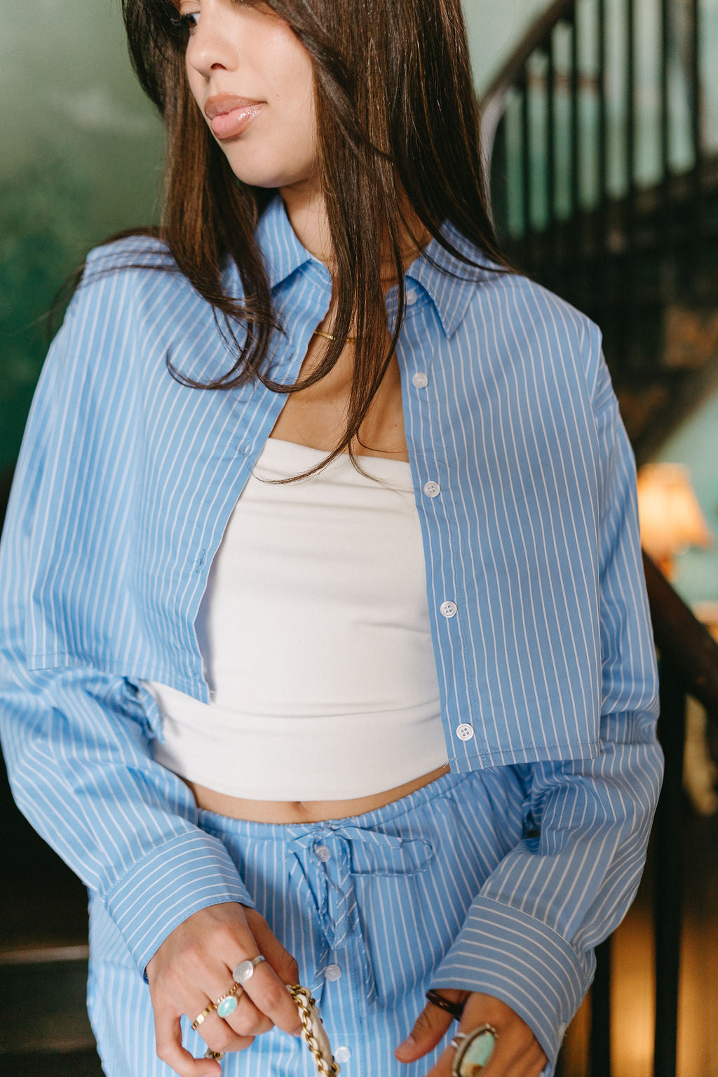 Ava Blue Stripe Button-Up Top- close up front view