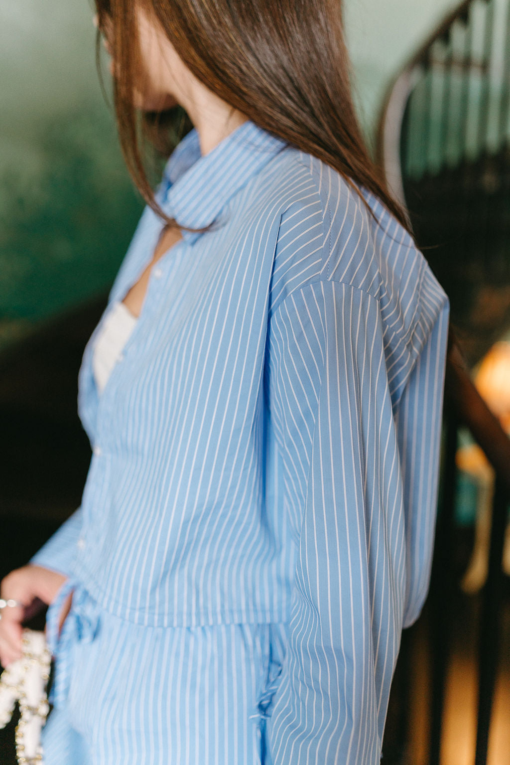 Ava Blue Stripe Button-Up Top- close up side view