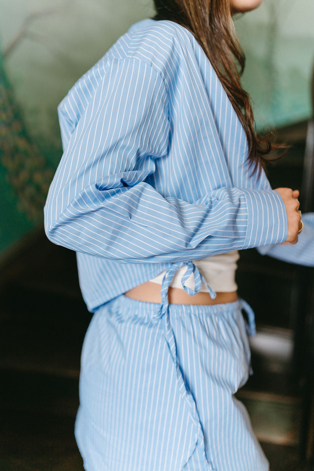 Ava Blue Stripe Button-Up Top- close up right side view