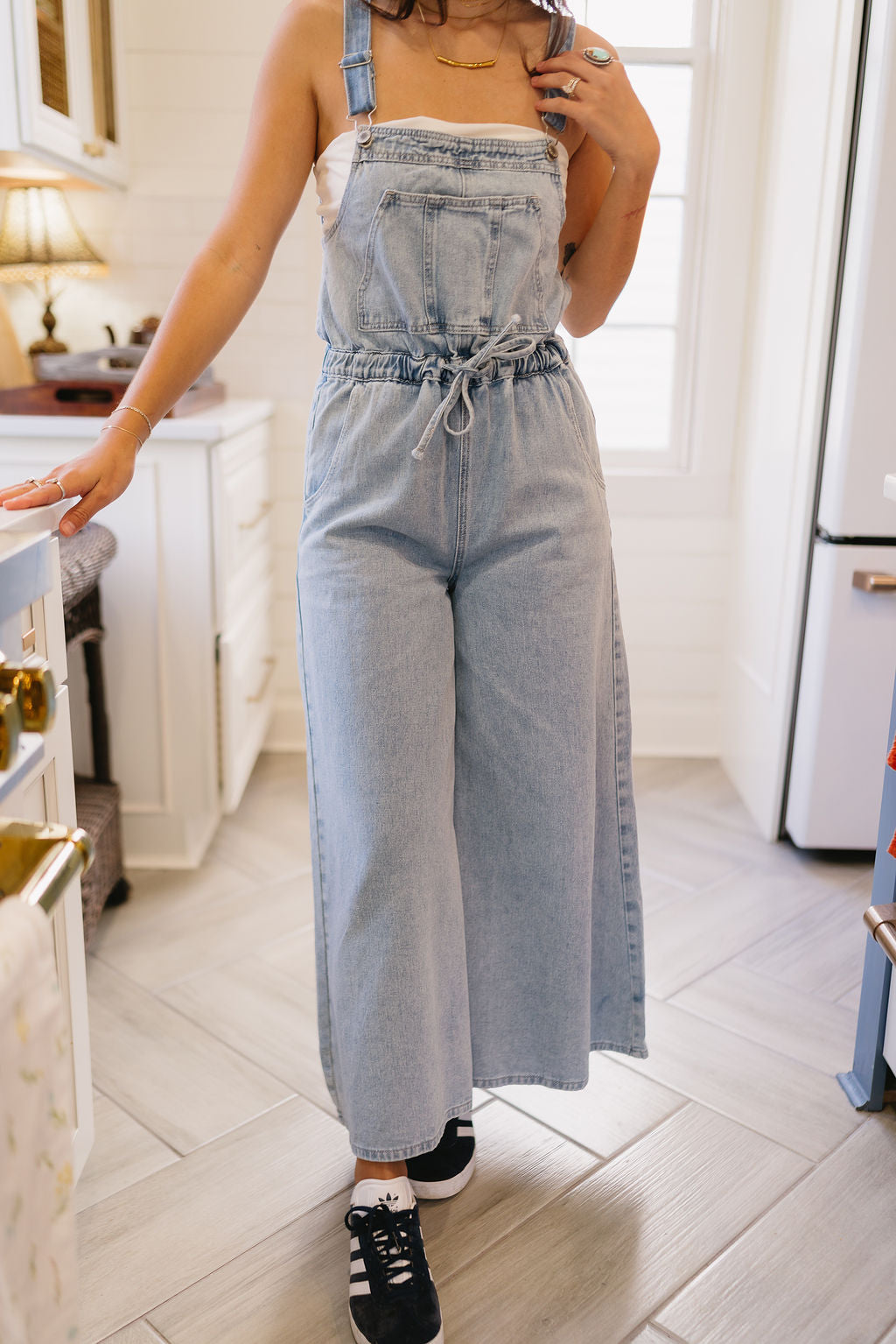 Indie Light Denim Wide Leg Overalls- full body front view