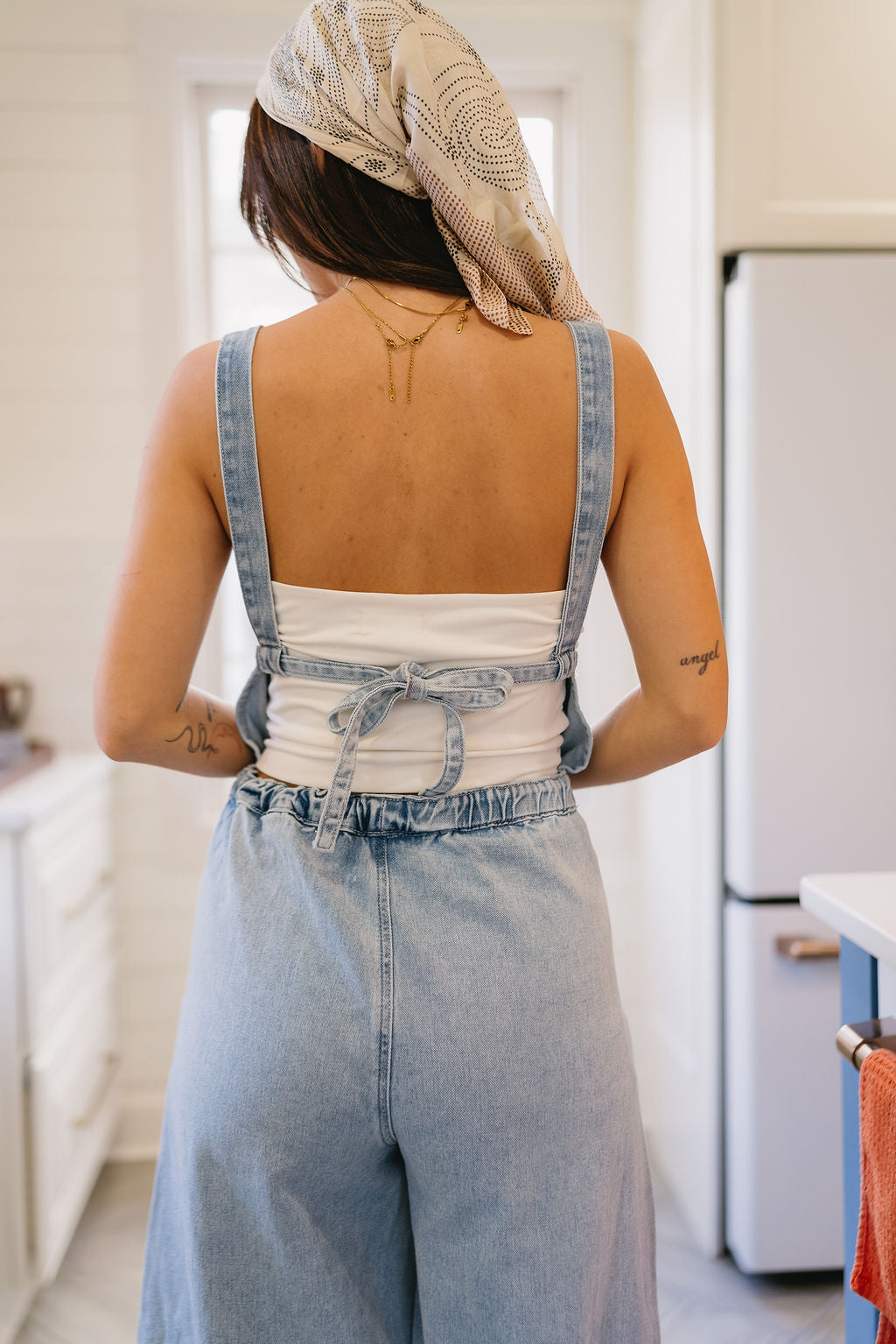 Indie Light Denim Wide Leg Overalls- close up back view