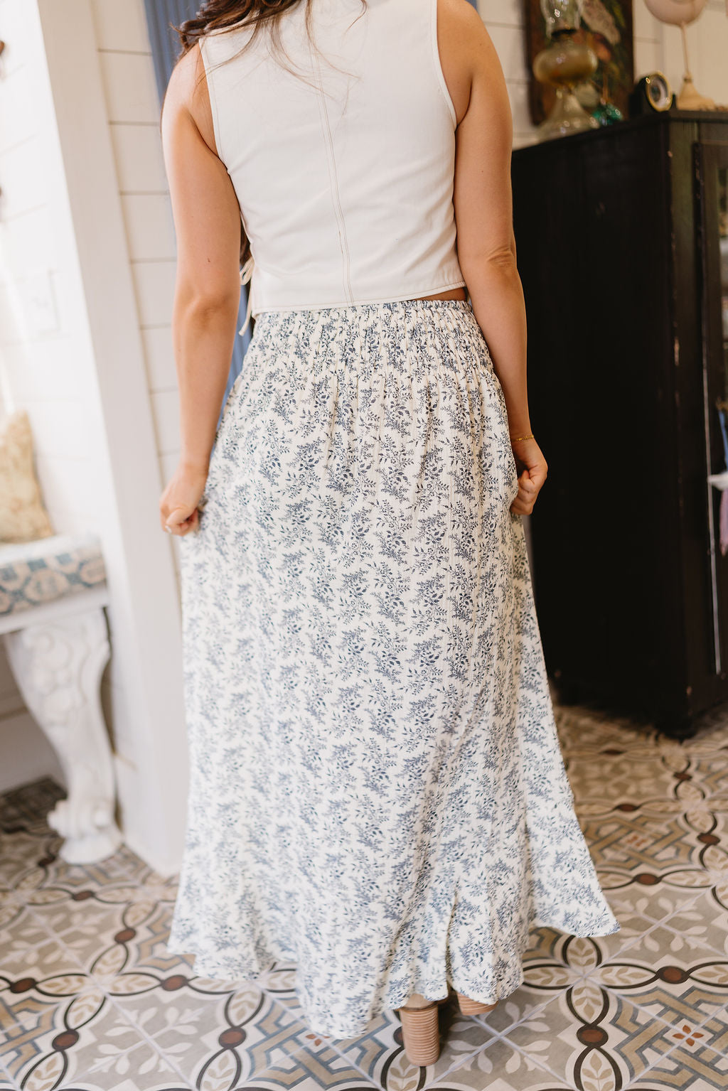 Chloe Cream & Navy Floral Slit Midi Skirt- back view