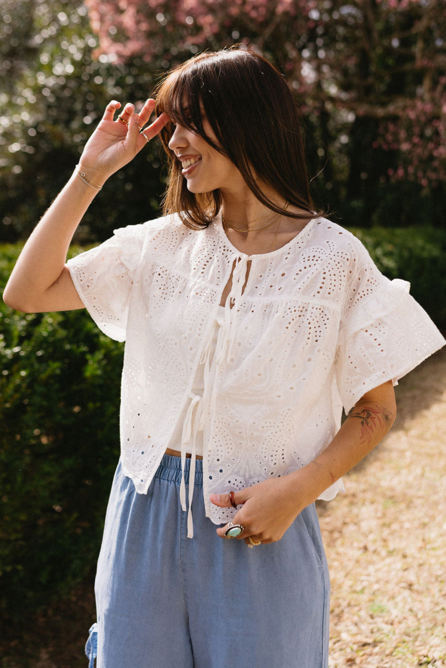 Aria White Eyelet Front Ties Top- top view