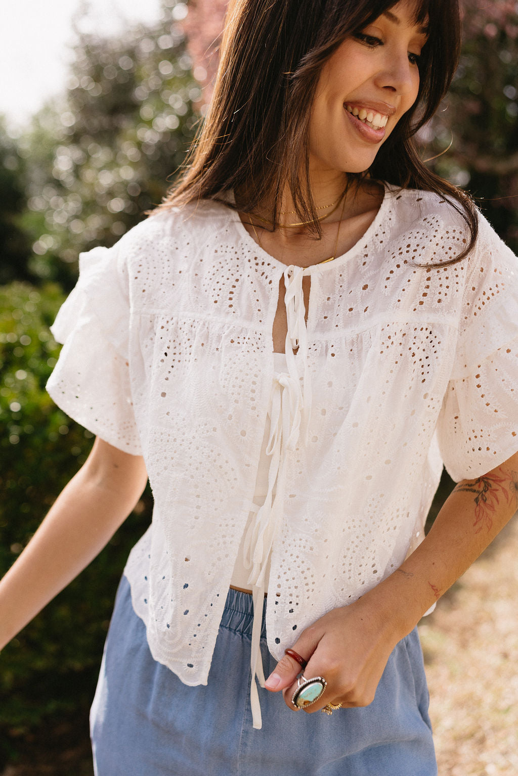 Aria White Eyelet Front Ties Top- close up top view