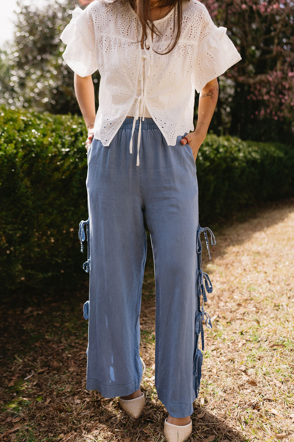 Valencia Blue Side Ties Wide Leg Pants- close up front view