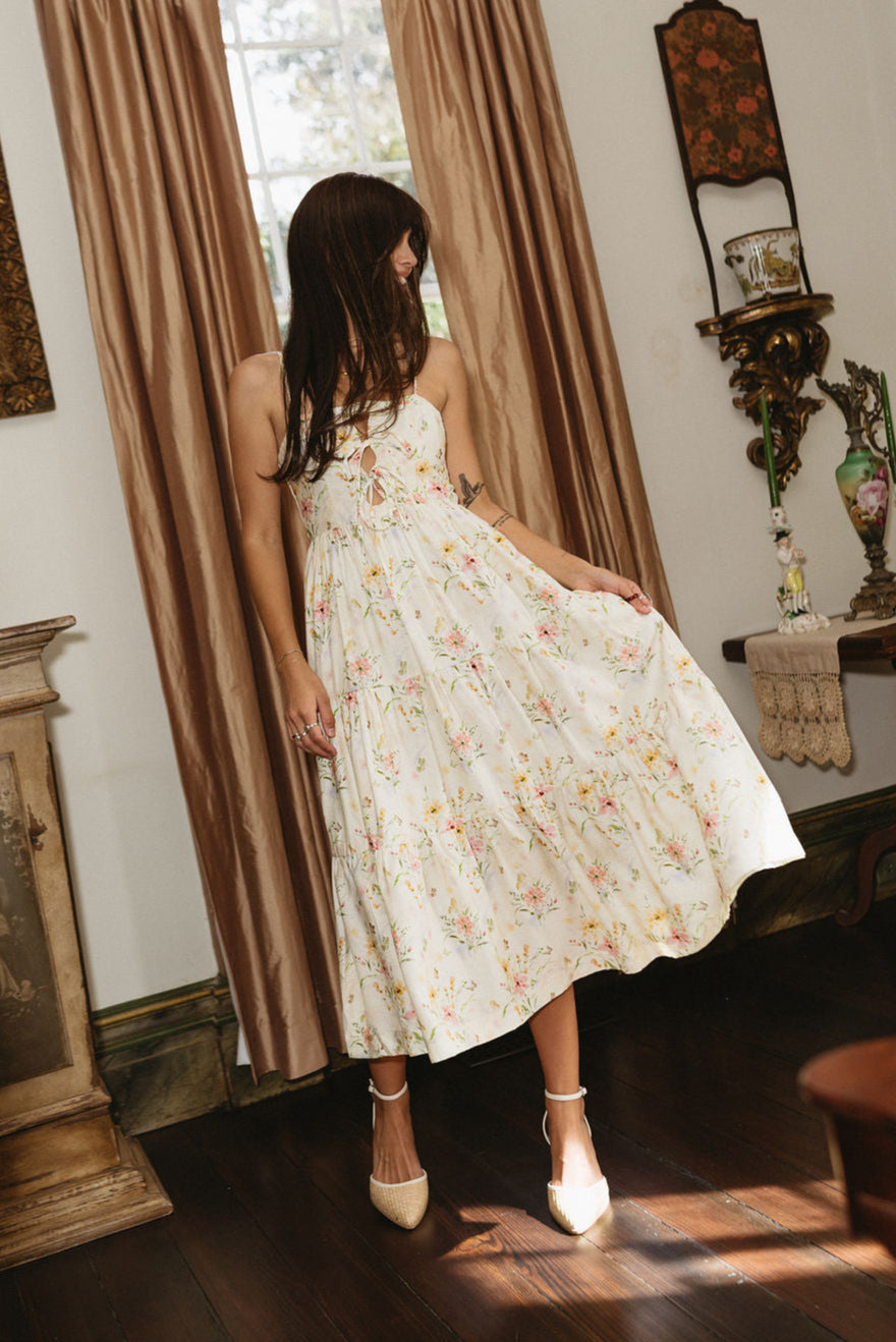 Delphine Light Yellow Floral Midi Dress - frontal view