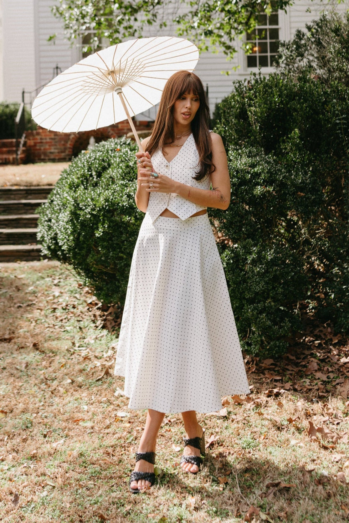 Arabella White & Black Polka Dot Vest - full front view with parasol)