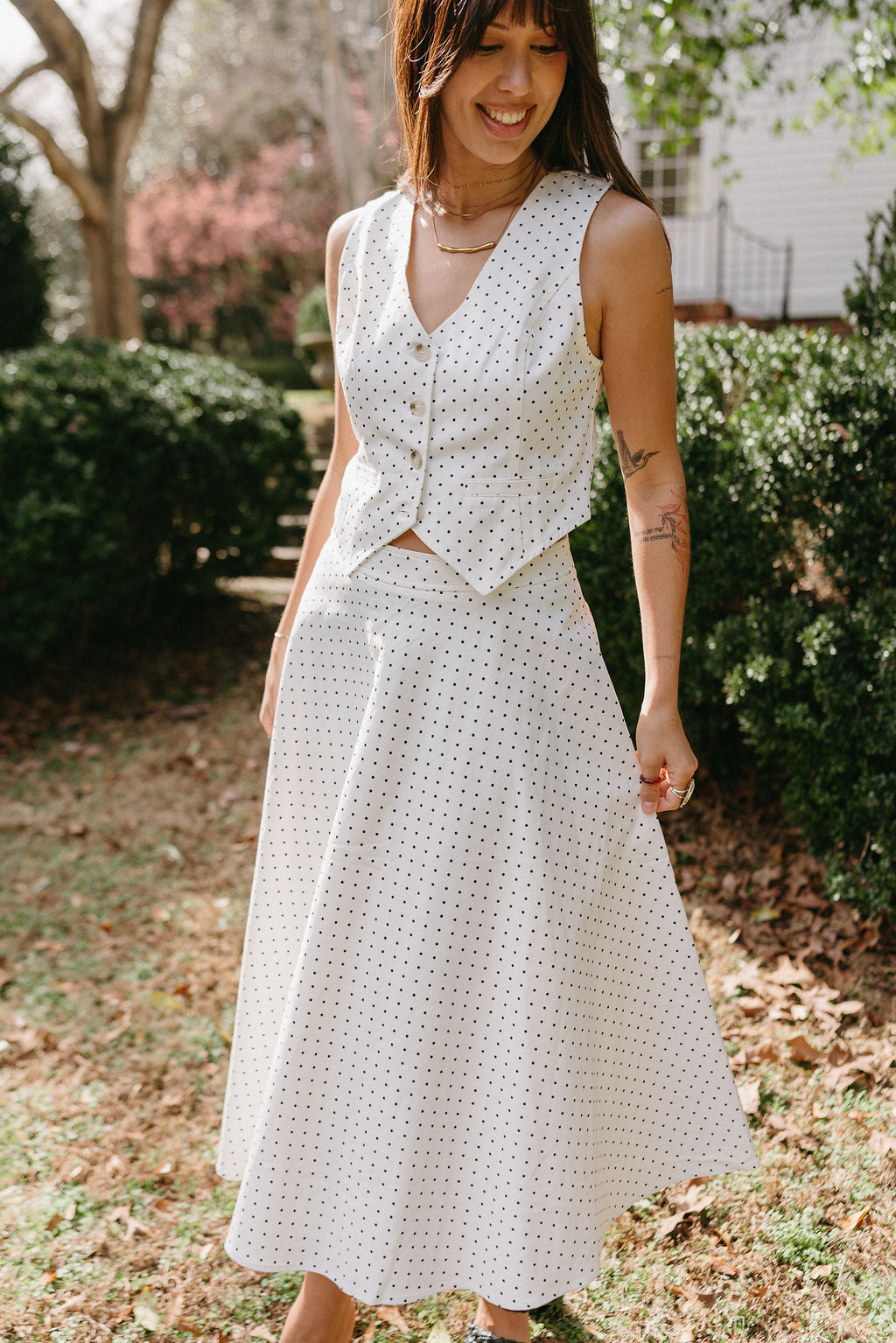 Arabella White & Black Polka Dot Midi Dress- front view