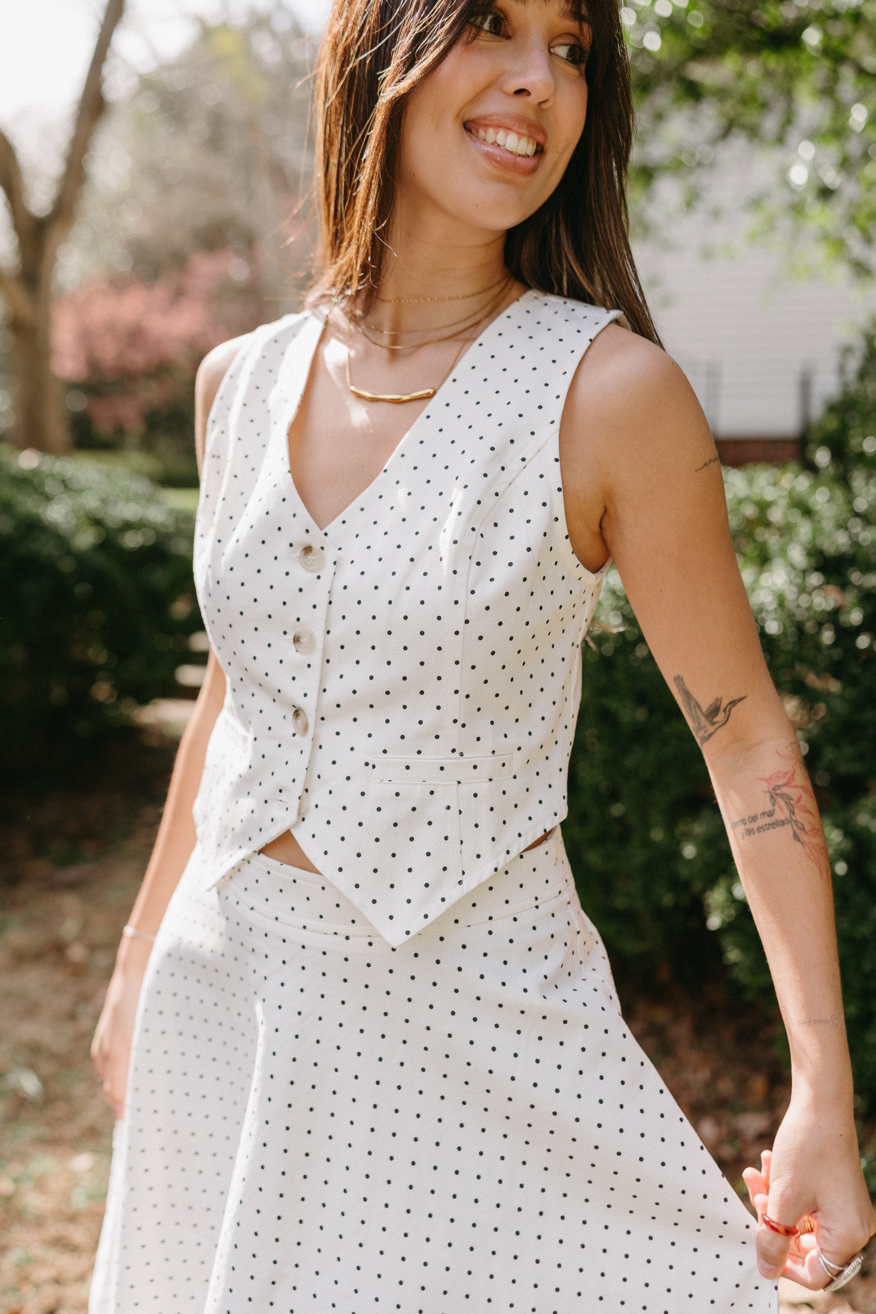 Arabella White & Black Polka Dot Vest - close up front view