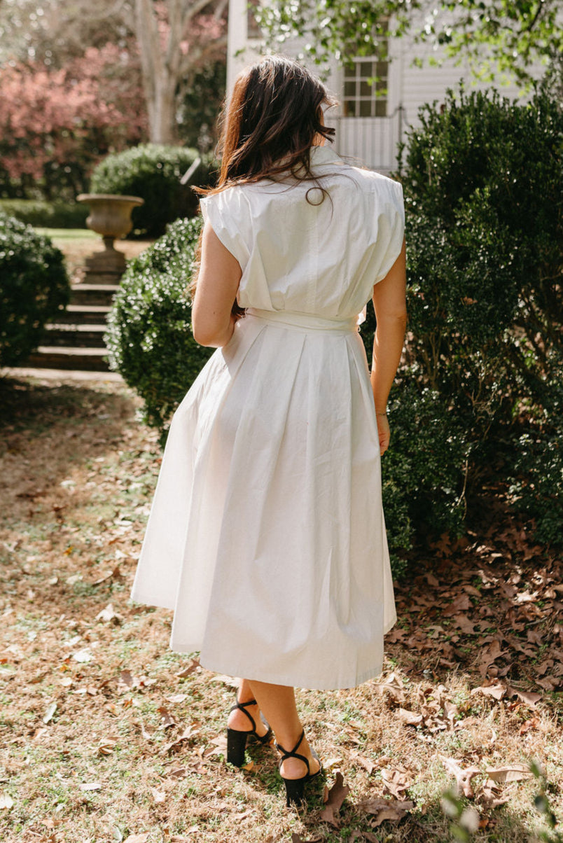 Stephanie White Tie Belt Midi Dress- back view