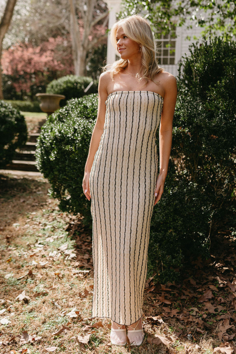 Charlotte Natural & Black Ribbed Maxi Dress-- full body front view