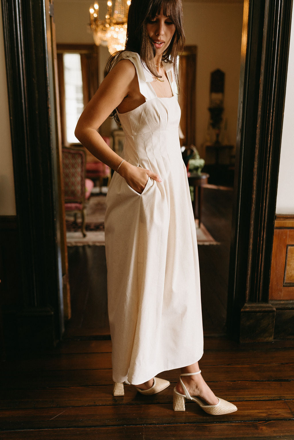 Victoria Oatmeal & White Linen Midi Dress- full body side view