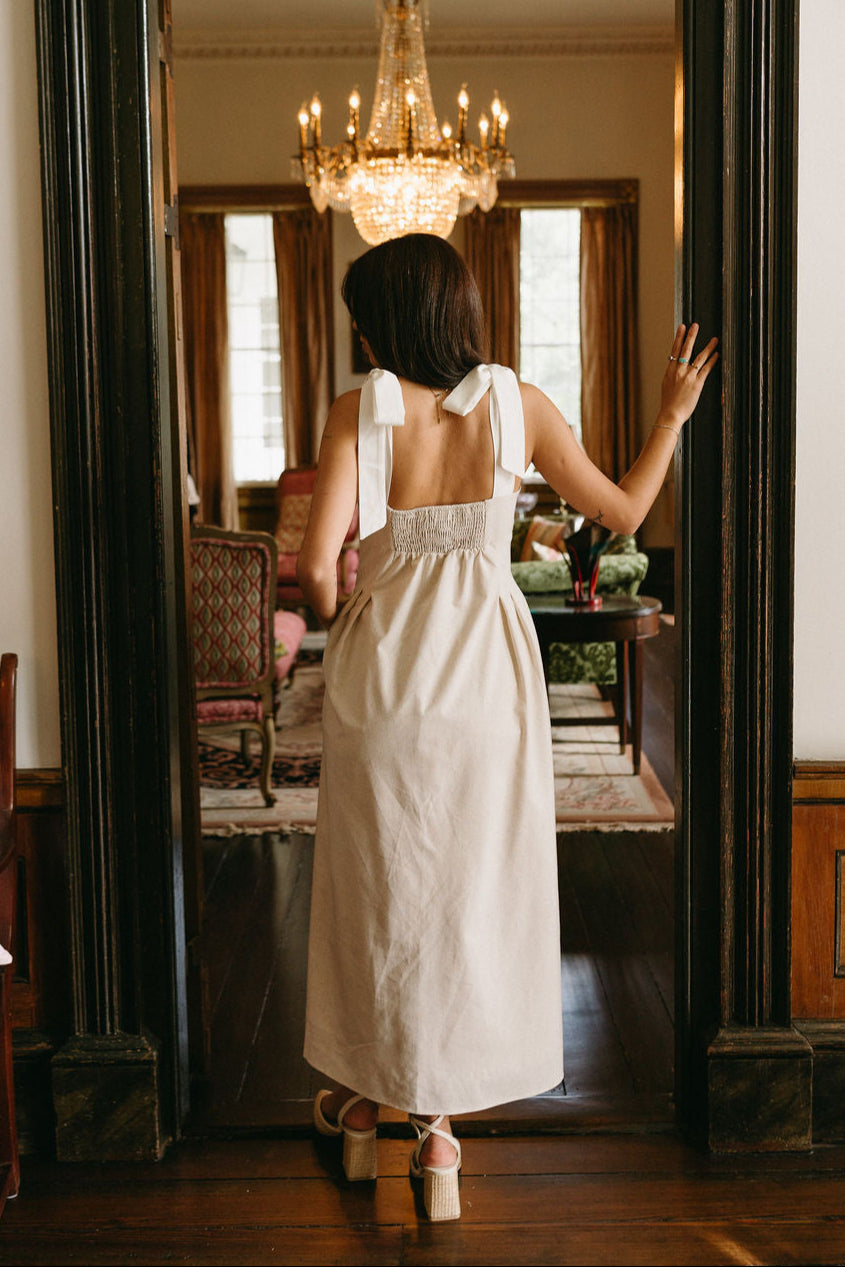 Victoria Oatmeal & White Linen Midi Dress- back view