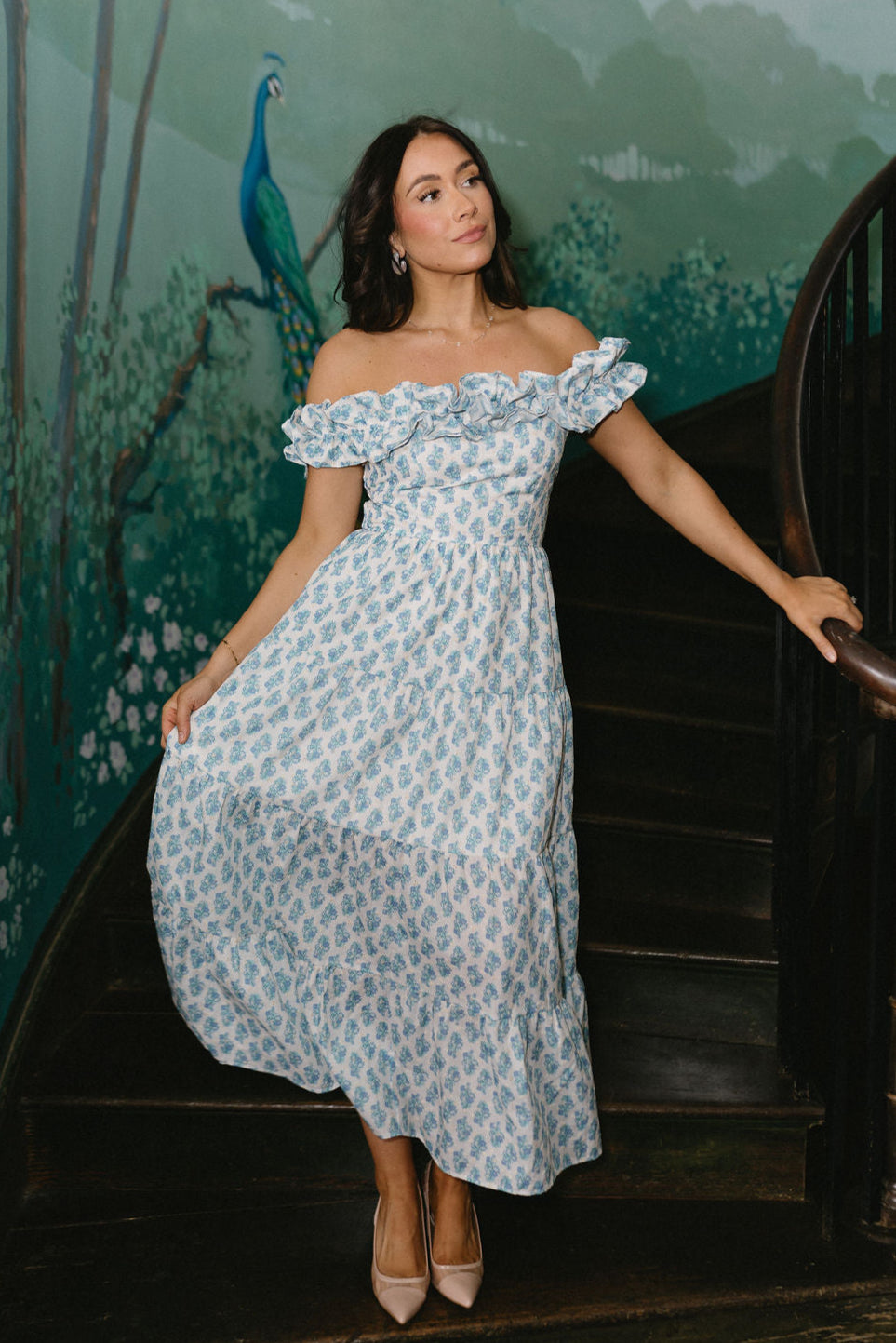 Harper Blue & White Floral Midi Dress- full body front view