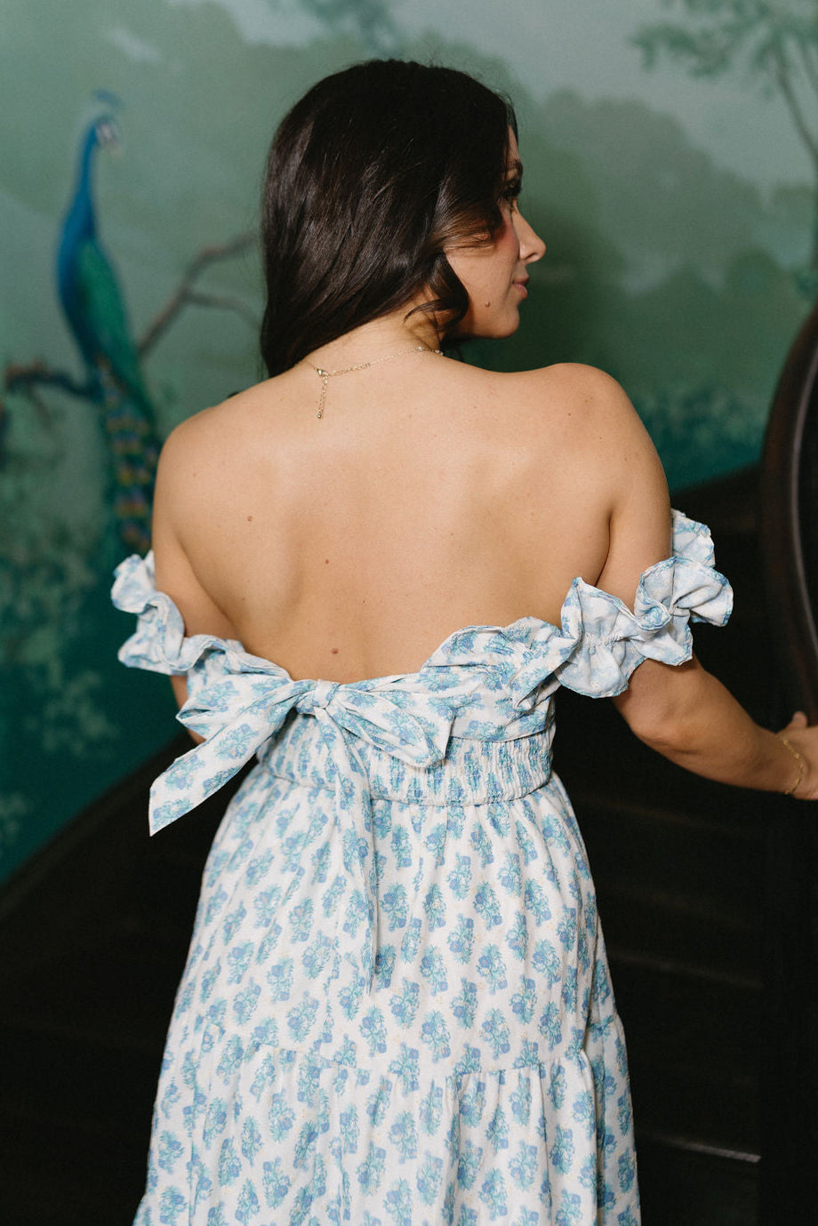 Harper Blue & White Floral Midi Dress- close up top back view