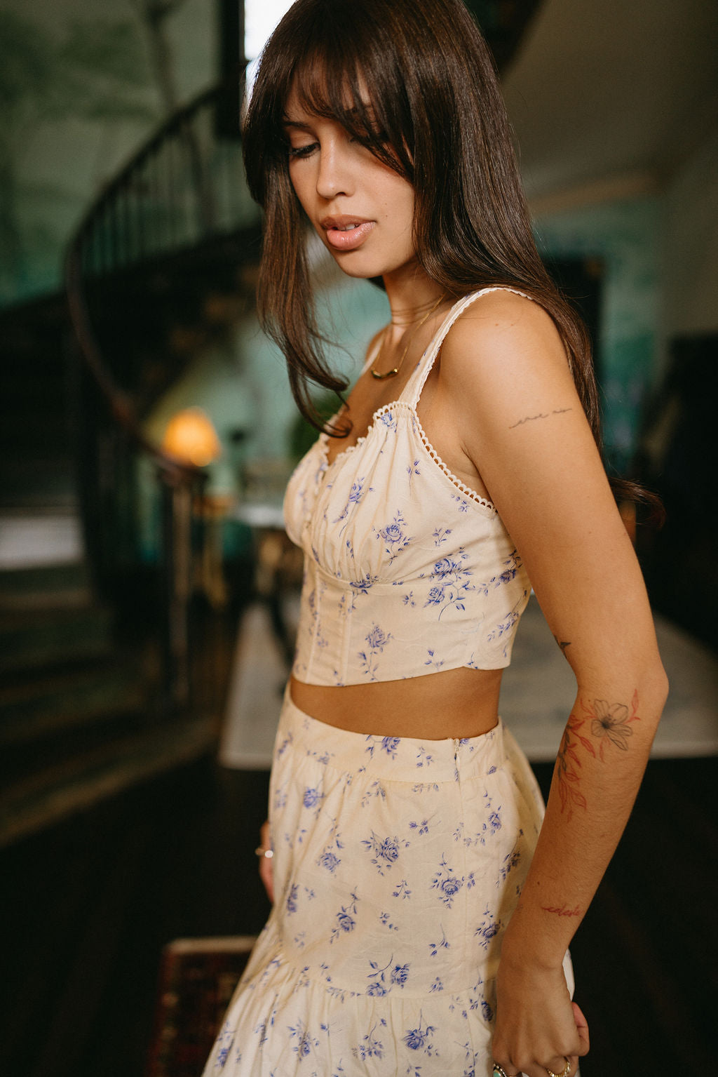 Willow Cream & Blue Floral Tank- frontal side close up view