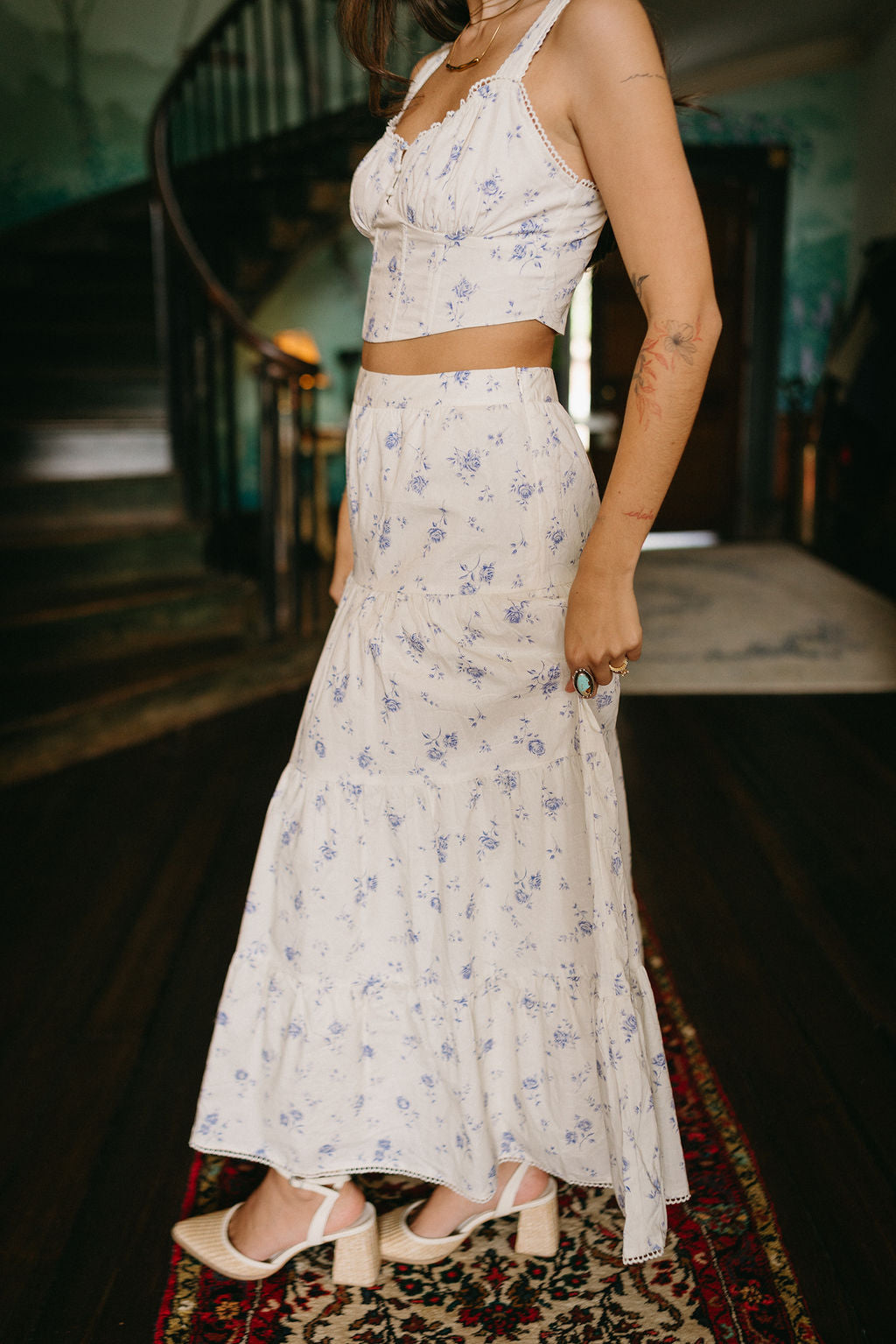 Willow Cream & Blue Floral Midi Skirt- close up side view